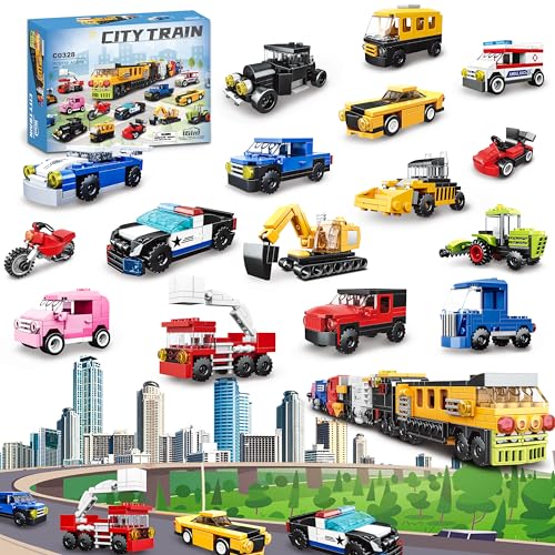 16 Pack Building Blocks Party Favors for Kids, Lego-Compatible 2 in 1 710pcs Building Kits Mini City Vehicles Include Police Car & Train, Christmas Toy Gifts Goodie Bag Filler Stuffers for Boys Girls