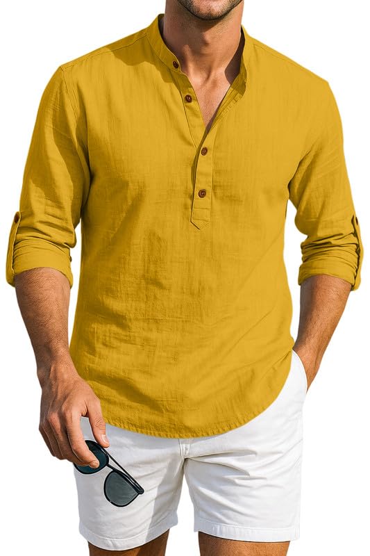 Image of Macsivo Men's Cotton Blend Solid Short Kurta with Mandarin Collared Full Sleeve Drawstring Stylish Straight Length | Kurta for Men Stylish