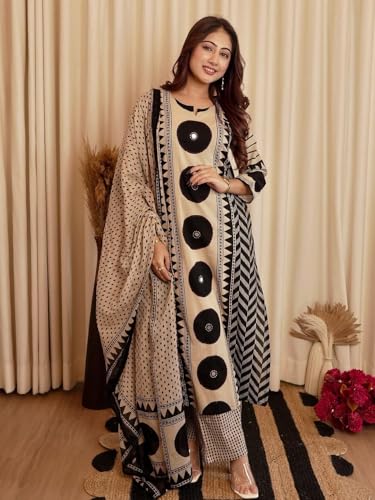 Image of krisjan|Women's Pure Cotton Printed with Handwork Kurta with Pants and Dupatta Set | Ethnic Set | Suit Set | Kurta Set | Wedding Suit Set