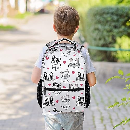 UNIKITTY French Bulldog Backpack for Girls Boys, 16 Inch White Dog theme Backpacks with Adjustable Straps, Cute, Large Capacity Bookbag for Kids School2