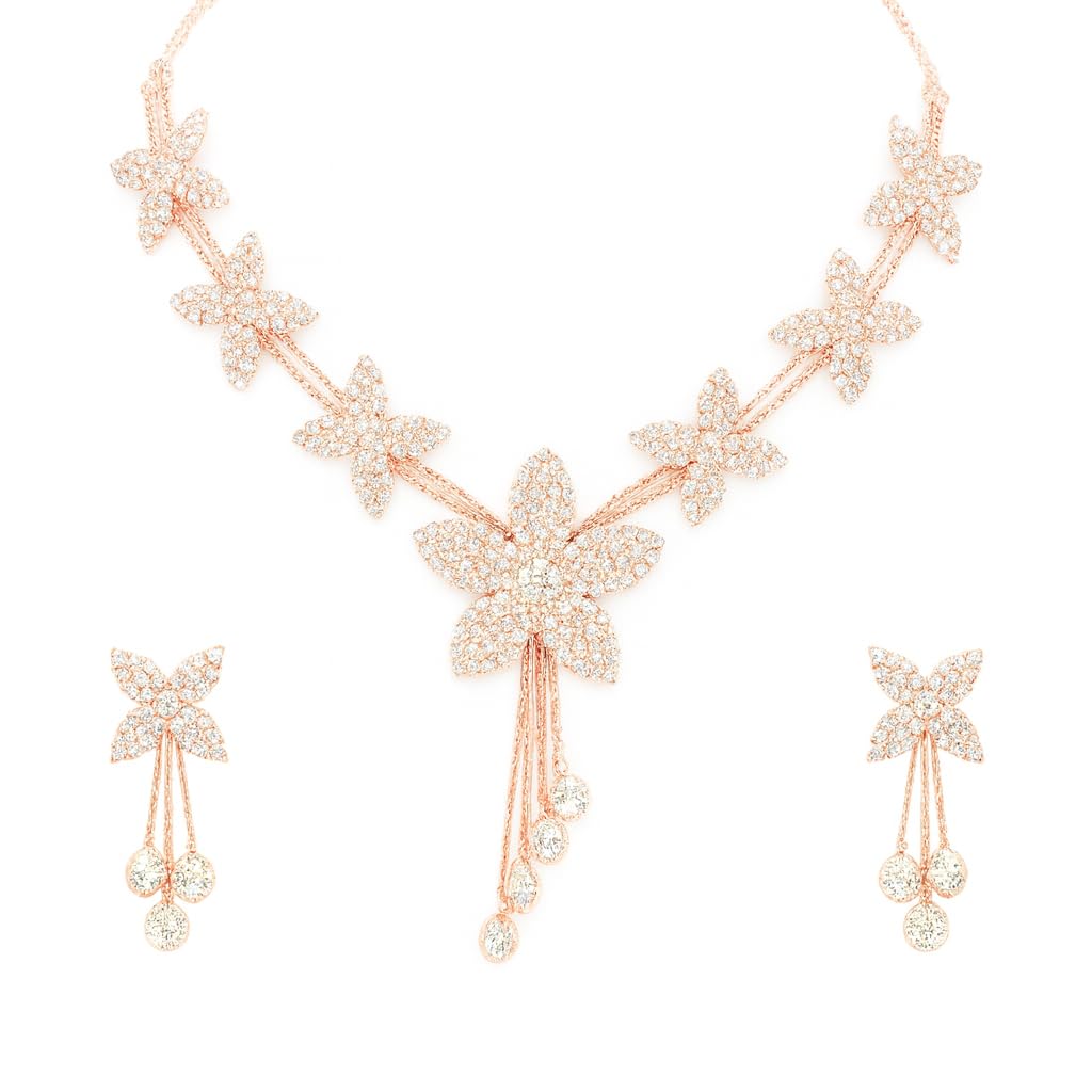 Rose Gold Floral Mesh Jewellery Set for Women | White Stone Necklace with Earrings | Designer Bridal Necklace Set for Girls | Ethnic Jewellery for Wedding & Party-image-42