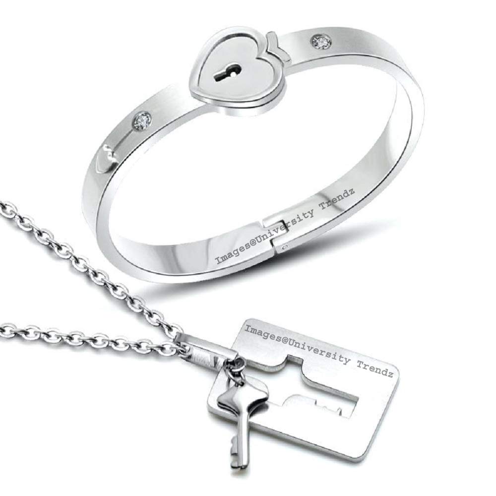 University Trendz Silver Couple Lock and Key Stainless Steel & Silver Plated Bracelet Pendant Set for Men & Women (Silver) (B07X8VK4G6) Amazon Price History, Amazon Price Tracker