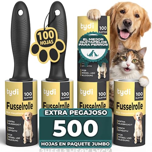 Tydi Rodillo Quitapelos Mascotas Reutilizable – 5 Rollos Quitapelos (100 Hojas c/u) con 2 Mangos | Rodillo Quitapelusas Adhesivo para Ropa, Sofás, Coche y Más
