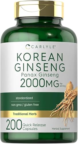 Carlyle Cápsulas de extracto de ginseng coreano de 2000 mg  200 cápsulas  Fórmula sin OMG y sin gluten  Suplemento estandarizado de Panax Ginseng disponible en Yaxa Peru