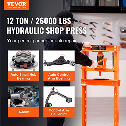 VEVOR Hydraulic Shop Press, 12 Ton/26000lbs, H-Frame, 4-Hold Adjustable Height, with Movable Plates, for Garage or Professional Users, Orange - Image 4
