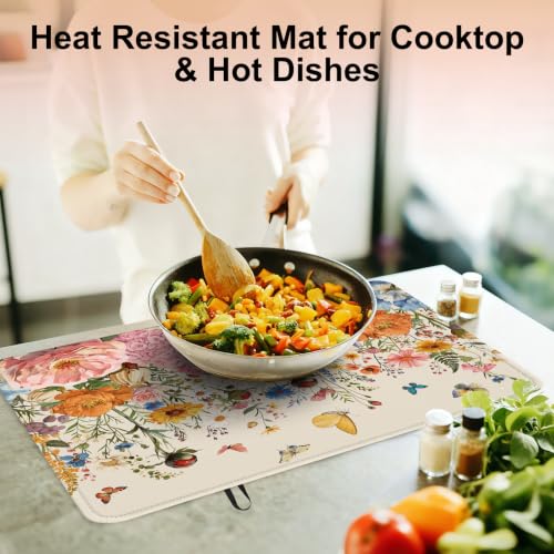 Image of Retro Floral Stove Top Cover for Electric Stove, Wild Flowers Range Covers for Electric Stove, Rubber Dish Drying Mat, Glass Cooktop Covers, Flat RV Range top Mats, 28 inchx20 inch