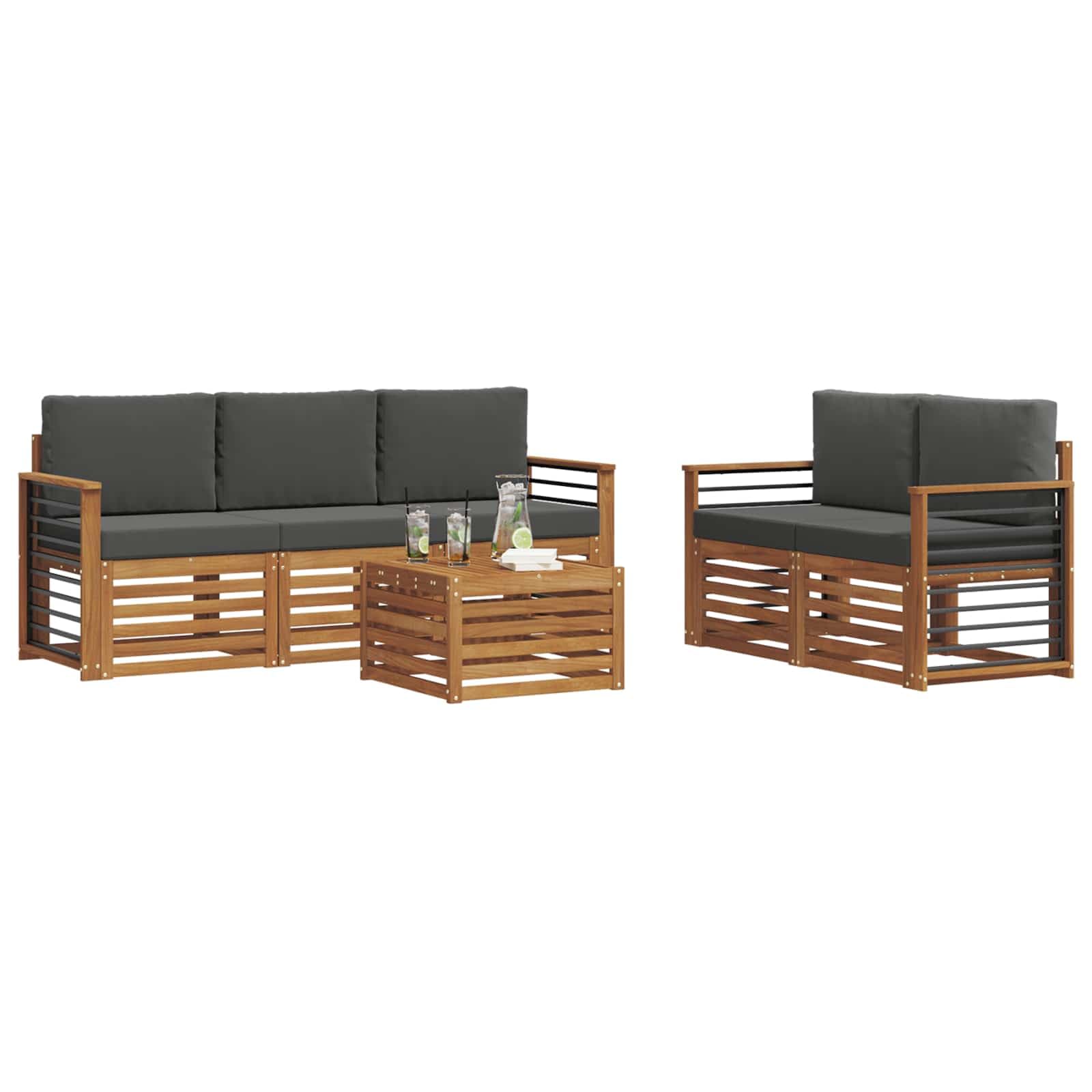 Salon de jardin 6 places anthracite naturel en bois d'acacia massif pour jardin et terrasse.