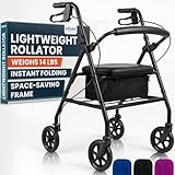 Vive Ultra Lightweight Rollator Walker with Seat - Foldable, Narrow, Rolling Senior Walker for Small Spaces - 4 Wheel Aluminum Adult Easy Drive Aid with Underseat Accessory - Weighs Only 14 Lbs