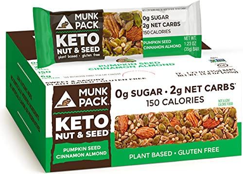 Munk Pack Keto Nut & Seed Bar | Keto Snacks | No Added Sugar, Soy and Gluten Free | 3g Net Carbs | Low Calorie Breakfast Bar for Kids & Adults | Plant Based | Pumpkin Seed Cinnamon Almond | 12 Pack