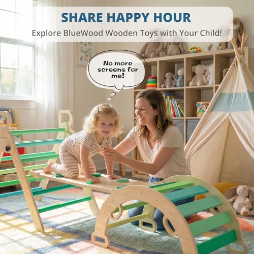 Image of BlueWood Pikler Triangle Set, Toddler Wooden Climbing Toys Indoor 7in1 Foldable Climber for Kids, Montessori Philosophy Play Jungle Gym with Arch, Ramp, Ladder (Green Summer)