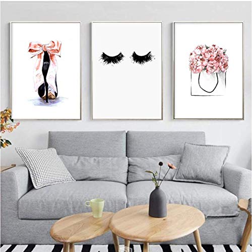 High Heel Wall Art Pictures for Girl Bedroom Decor Pink Canvas Painting Eye Lashes Posters and Prints Modern Home Decor 50x70cm No Frame