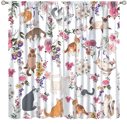 Hazuff Cute Cat Curtains,Funny Kawaii Floral Kitten Watercolor Colorful Aesthetic Art Pet Love Animal Window Treatments for Kids Girls Bedroom Living Room Bathroom 42x44.5in（No Blackout）