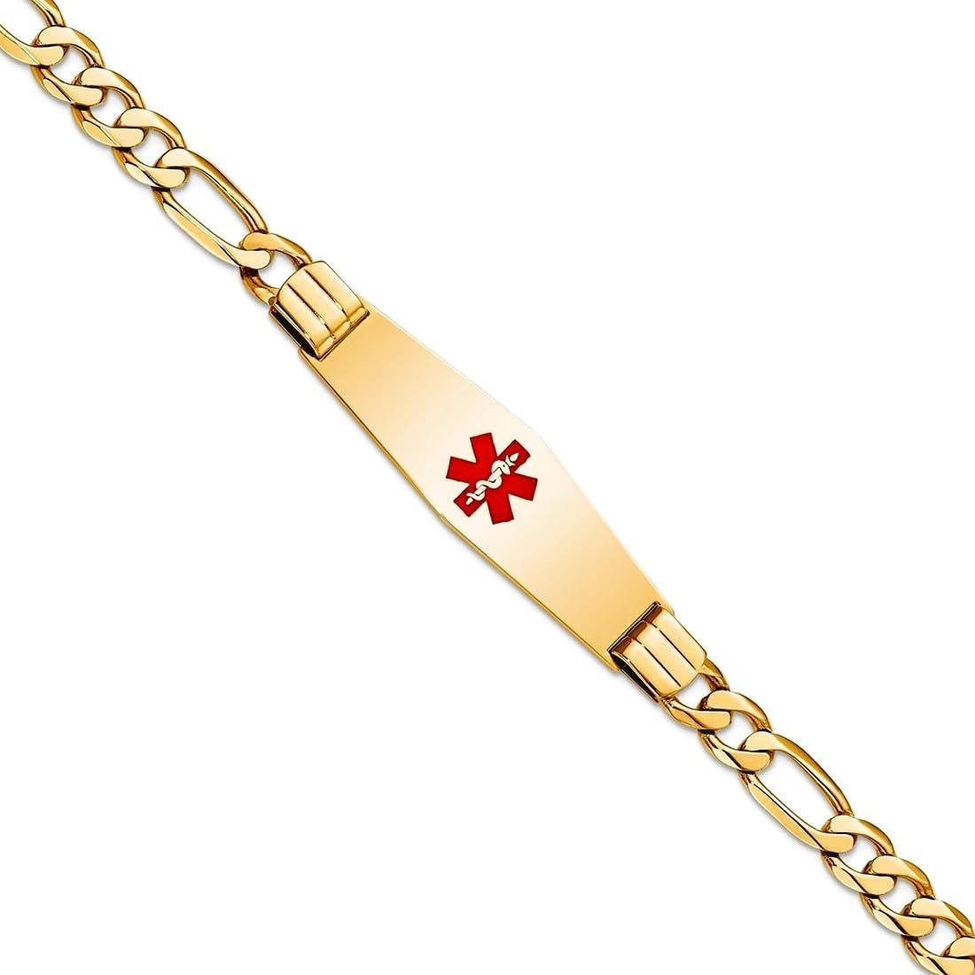 JewelryWeb 12.5mm 14k Solid Yellow Gold Medical Soft Diamond Shape Red Enamel Flat Figaro Link ID Bracelet Identification Bracelet for Women