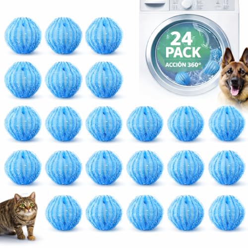 SILVERSTORE®️ 24 Bolas Atrapa Pelos para Lavadora - Atrapa Pelusa para Todo Tipo De Mascotas Perros Gatos Etc.. - Juego De 24 Bolas Quitapelos (Azules)