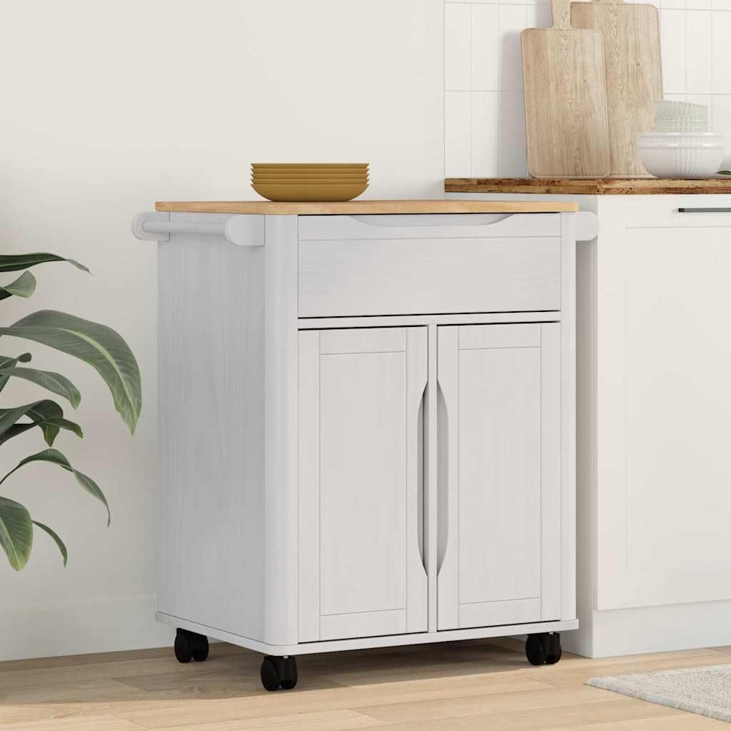 Küchentrolley Floro Weiß Massivholz Kiefer 72,5 x 45 x 80 cm mit Rollen und Schubladen, mobiler Küchenwagen für Aufbewahrung, Ablage und Organisation in Küche und Esszimmer
