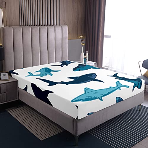 Loussiesd Animal Theme Double Fitted Sheet Shark Pattern Fitted Sheet Marine Life Underwater World Microfiber Bed Sheet for Boys Girls Box Spring Bed Fitted Sheet Ultra Soft