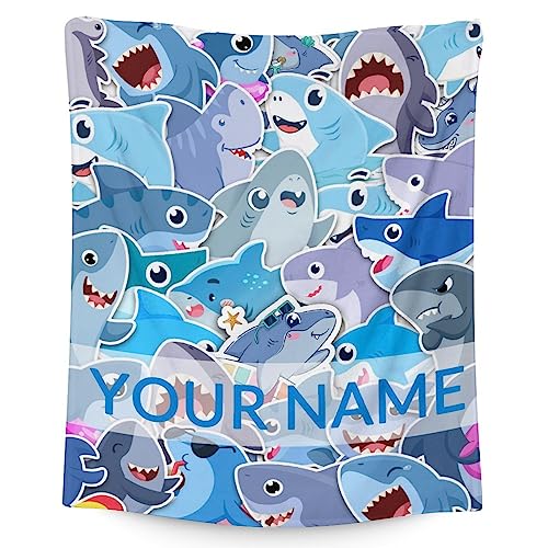 Personalized Shark Blanket Gifts with Name - 30"x40" Cute Throw Blanket for Kids & Adults - Blue Soft Fuzzy Blankets for Couch & Office