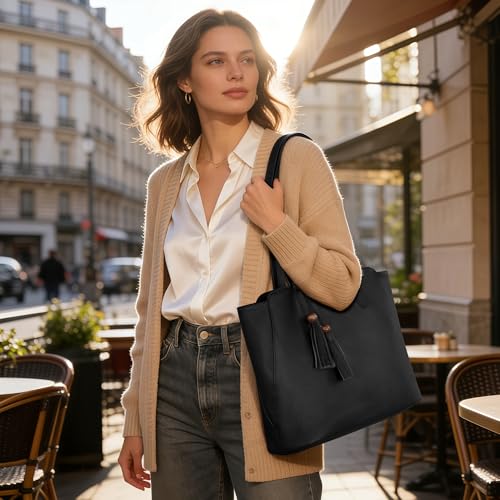 Image of befen Genuine Leather Tote Bag for Women Work, Women's Tote Handbags Shoulder Satchel Purse with Compartments and Tassel