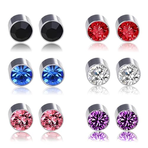 JYNXOR 6 Pares de pendientes magnéticos para hombre, pendientes falsos, Pendientes Magneticos de Iman, Aretes Magnéticos Para unisex Redondos Con Incrustaciones De Circonita Cúbica Aretes, Multicolor