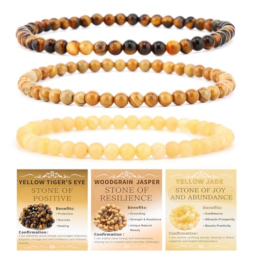 NCB 3-Piece 4mm Natural Crystal Gemstone Stretch Bracelets - Woodgrain Jasper Yellow Jade Yellow Tigers Eye Handmade Reiki Energy Healing Jewelry for Meditation Yoga Unisex