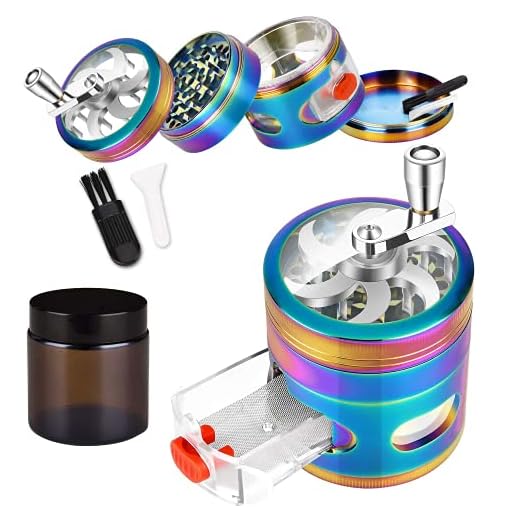 Grinder 2.5 inch 4 Piece Herb Grinder, Hand Cranked Rainbow Spice Grinders for Herb, Zinc Alloy Grinder with Drawer and Pollen Catcher