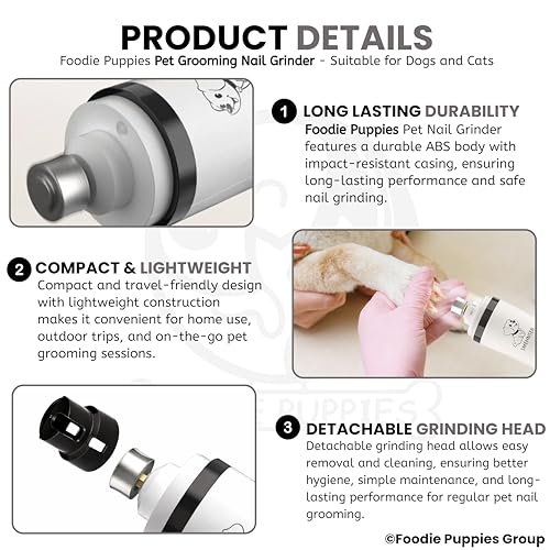 Image of Foodie Puppies Professional Rechargeable Pet Nail Grinder for Dogs & Cats with LED Light & LCD Display, 3 Speed Modes, Low Noise, USB Charging Electric Nail Trimmer for Safe & Easy Grooming at Home