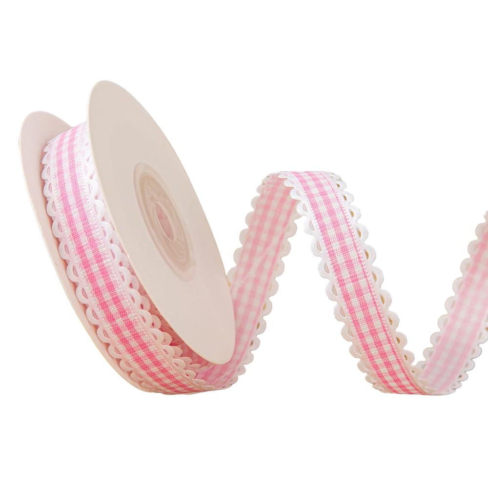 1.5cmx10 Yard Wavy Edge Plaid Ribbon Polyester Checkered Ribbon for Bouquet Gift Wrapping, Pink