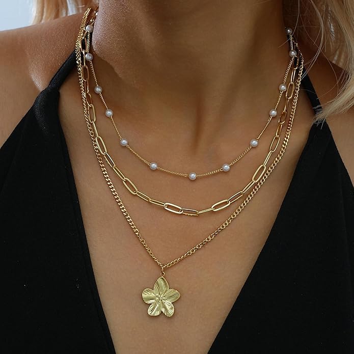 3 Layered Gold Flower Pendant Necklaces for Women Stackable Rope Snake Box Chain Choker Set Trendy Floral Charm Multi Layer Necklace for Daily Party Wear - Image 3