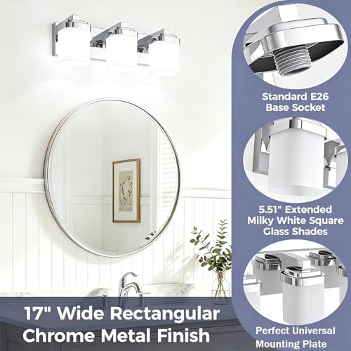 Image of 17 Inchs Bathroom Vanity Light, 3-Light Chrome Bathroom Light Fixtures Over Mirror, Bathroom Light Shower Lamp with Milky White Square Glass Shade, Modern Farmhouse Lighting Fixtures