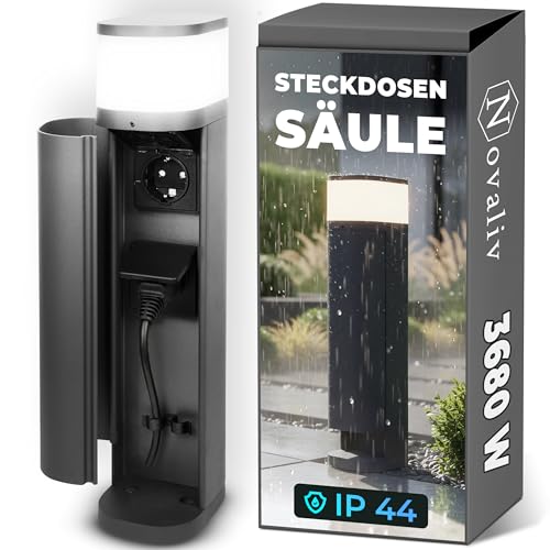 Novatool Pollerleuchte mit Steckdose Funk 2-fach Anthrazit rund mit Blende SMART WIFI APP IP44 Steckdose Aussen Gartensteckdose Outdoor Steckdosesäule Garten Steckdosenturm