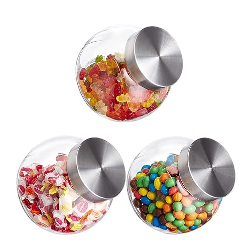 Relaxdays Bonbonnière en Verre, Lot de 3, bocaux, Couvercle en INOX, 1,5 L, friandises et Autres Aliments, Transparent