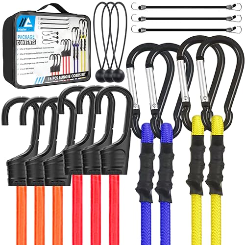 Master Cord® Bungee Cords with Hooks Heavy Duty - Pack of 16 Military Grade, Weatherproof, UV-Resistant Elastic Bungee Straps with Locking Carabiner Hooks & Ball Bungees For Securing Tarps, Luggage