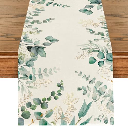 Runner da Tavola Foglie di Eucalipto Verde Lino Lavabile Tovaglia Runner Decorazione Primavera Estate per Tavolo da Pranzo per Sala da Pranzo Matrimoni Picnic Interni Vacanze Feste Cucina 40x180cm