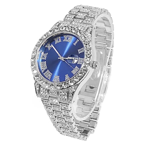 HALUKAKAH Esfera Azul Diamante Reloj de Oro Iced out,Hombre Platino Chapado en Oro Blanco Cuarzo Pulsera 24cm,con Caja de Regalo