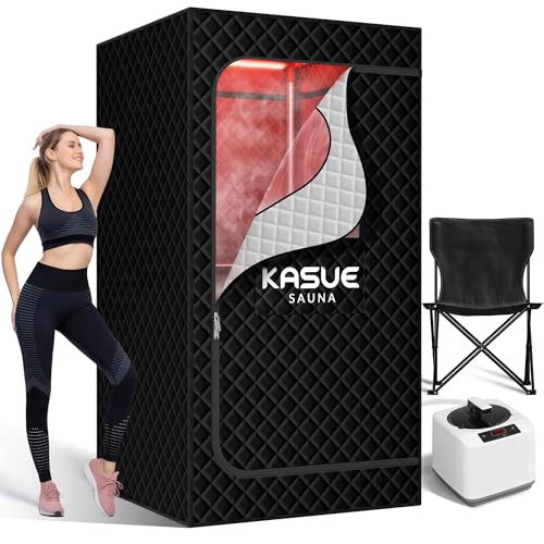 KASUE Portable Infrared Sauna, Steam Sauna Box with XL Steamer, 5-Layer Waterproof & Heat Insulation for Relaxation, Detoxification, Muscle Pain Relief Indoor & Outdoor(Obsidian Black)