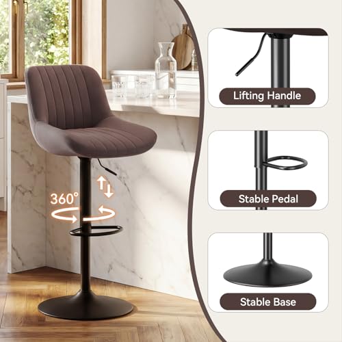 Image of Nalupatio Bar Stools Set of 2, Adjustable Modern Swivel Bar Stools with Backs, Counter Height Performance Fabric Island Chairs for Home Kitchen, Dark Brown