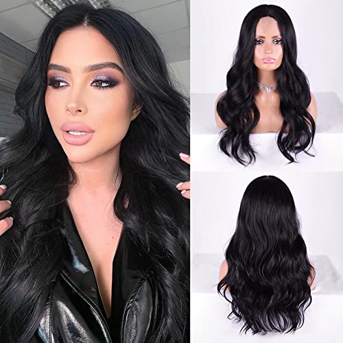LOMMEL Black Wig Long Black Wavy Wigs for Women Middle Part Curly Black Wigs Heat Resistant Fiber Wig for Daily Use.24inches