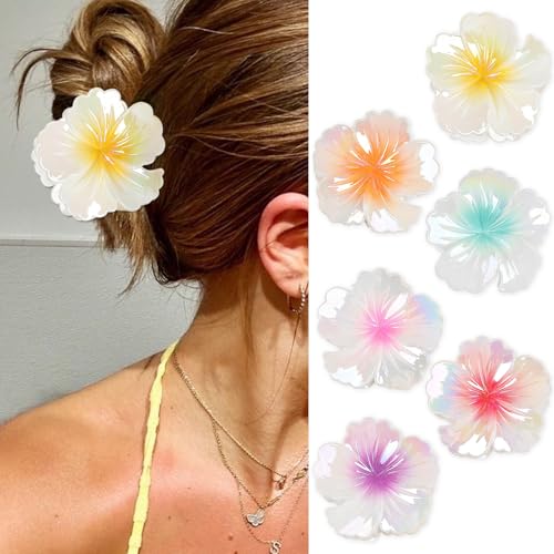 Embrace the Tropics with 6Pcs Hawaiian Flower Hair Clips! Nonslip Strong Hold for Women, Large Hair Claw Clips for Thick Hair, Plumeria Big Cute Daisy Hair Clips - Must-Have Beach Hair Accessories