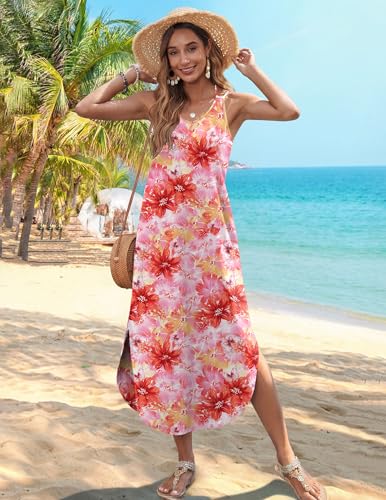Image of Zeagoo Women's Casual Sundress Summer Maxi Sleeveless V Neck Split Boho Beach Dress Travel Vacation Dress with Pockets