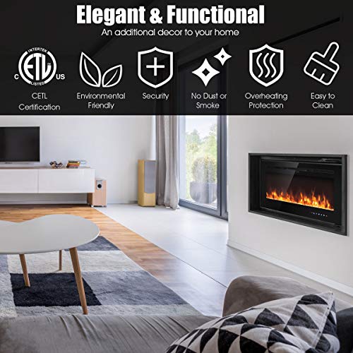 Tangkula 36 Inches Electric Fireplace Insert With Thermostat, In-Wall Recessed And Wall Mounted 1500 W Faux Fireplace, Touch Screen Control, 9 Flamer Color, Temperature Control & Timer (36 Inches) #TOP6
