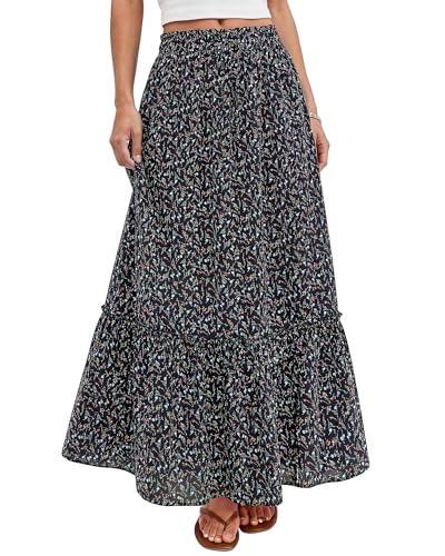 BTFBM Womens Boho Maxi Skirt 2026 Summer Floral High Waisted Flowy Tiered Long Spring Beach Vacation Skirts Pockets(Floral Black Red, Small)