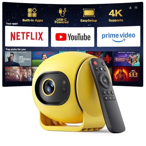 [ Ultra Short Throw & Built-in Apps ] Android 14 Smart Projector with WiFi and Bluetooth USB-C Powered 1080P FHD HDR10 Auto Focus/Keystone YQHS Mini Portable Projector for Bedroom/Outdoor Yellow