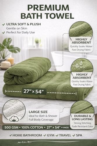 Image of Bath Towel 600 GSM Large Size (70x140 cm) - Ultra Soft & Highly Absorbent Towels for Bath - Premium Cotton Towel for Men & Women - Moss Green - 1 Piece