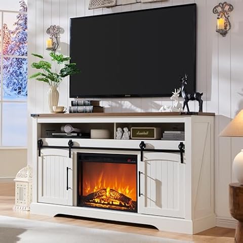 OKD Farmhouse Fireplace TV Stand for 70+ Inch TV, 33" Tall Highboy Entertainment Center w/Electric Fireplace, Rustic Media Console w/Sliding Arched Door for Living Room,Antique White Cover