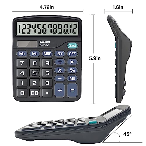 Comix Desktop Calculator 12 Digit With Large Lcd Display And Big Button, 12 Digits Baisc Calculator, Solar Battery Dual Powered, For Office Home School C-1832 (Black) #TOP2