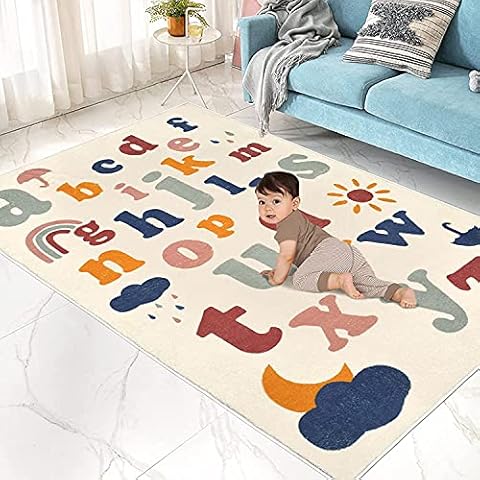 USTIDE Kids Play Mat,Fluffy Faux Wool Kids Rug 3.3'x5'Non-Slip Childrens Carpet ABC Number Educational Learning & Game for Living Room Bedroom Playroom Nursery Cover