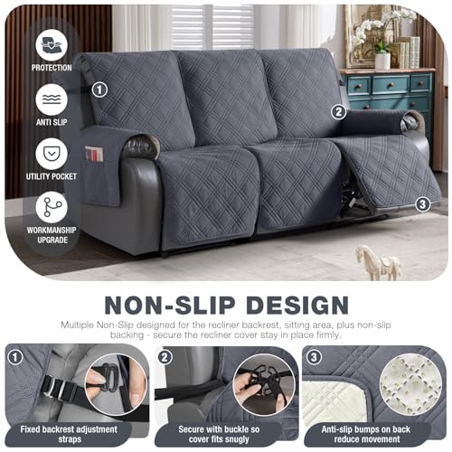Image of TAOCOCO Waterproof Recliner Sofa Cover Couch Cover for Reclining Couch 3 Seat Non-Slip Split Sofa Slipcover 3-Pieces with Straps, Washable Reclining Sofa Cover for Kids Pets(3 Seater, Dark Grey)