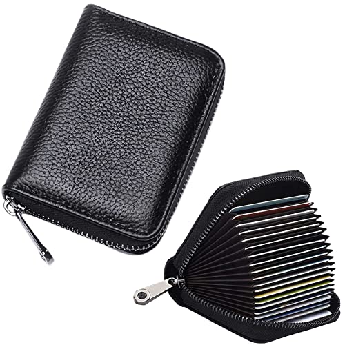 Credit Card Holder Genuine Leather Small Card Wallet for Women or Men 20 Card Slots RFID Blocking Accordion Wallet with Zipper (Black 20)