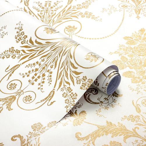 EchoSphere 17.3" X 118" Damask Floral Peel and Stick Wallpaper Boho Gold Flower Contact Paper Gold and White Damascus Wallpaper Removable Self Adhesive Decorative Wall Paper for Bedroom Vinyl Roll