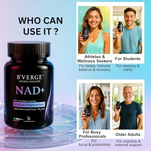Image of B'VERGE NAD Supplement Booster With Resveratrol & NR (NMN Alternative) | NAD+ Precursors | Supports Healthy Aging, Cellular Repair, Muscle Strength & Brain Function | 30 Veg Capsules (30 count (Pack of 1), NAD 30 Caps)